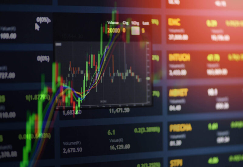 Stock exchange market or forex trading graph analysis investment indicator / Business graph charts of financial board display candlestick double exposure growth economic digital display